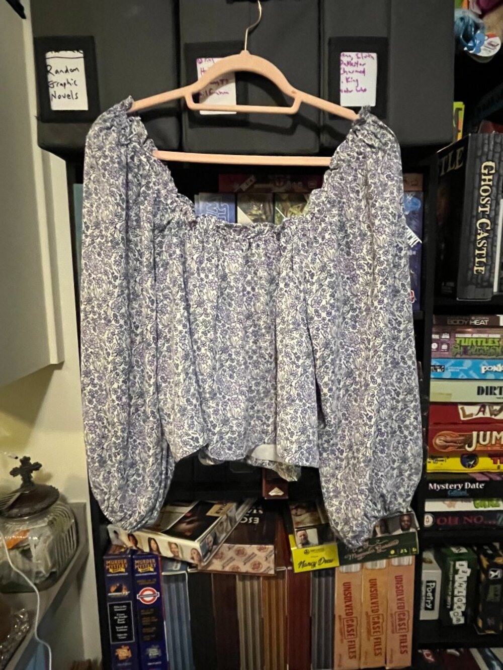 American Eagle Floral Puff Sleeve Peasant Blouse Top Cottagecore Blue White M - Picture 3 of 5